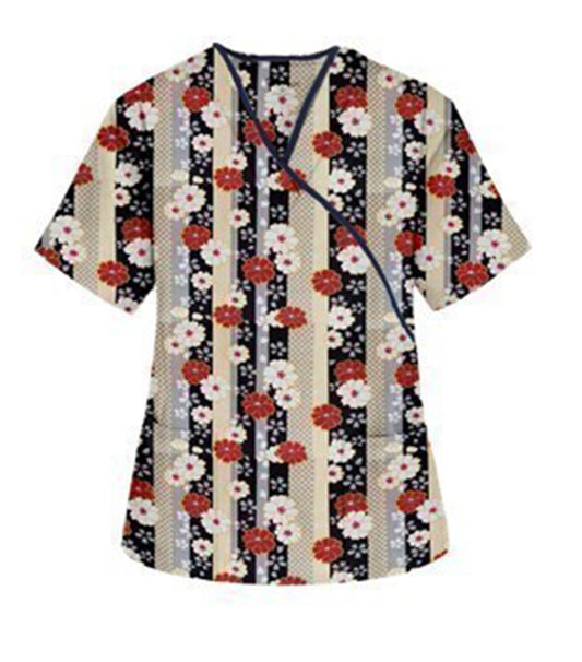 Poplin Women Red and Beige flowers with Grey backgroud Print Scrub Top mock wrap 3 pocket half sleeve with black piping