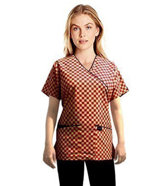 Red Square Print Scrub Set Mock Wrap With Black Piping 5 Pocket Half Sleeves (Top 3 Pockets With Bottom 2 Pockets Boot cut)