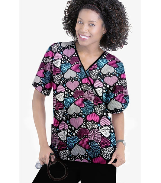 Magical Hearts Print Scrub Set Mock Wrap With Black Piping 5 Pocket Half Sleeves (Top 3 Pockets With Bottom 2 Pockets Boot cut)