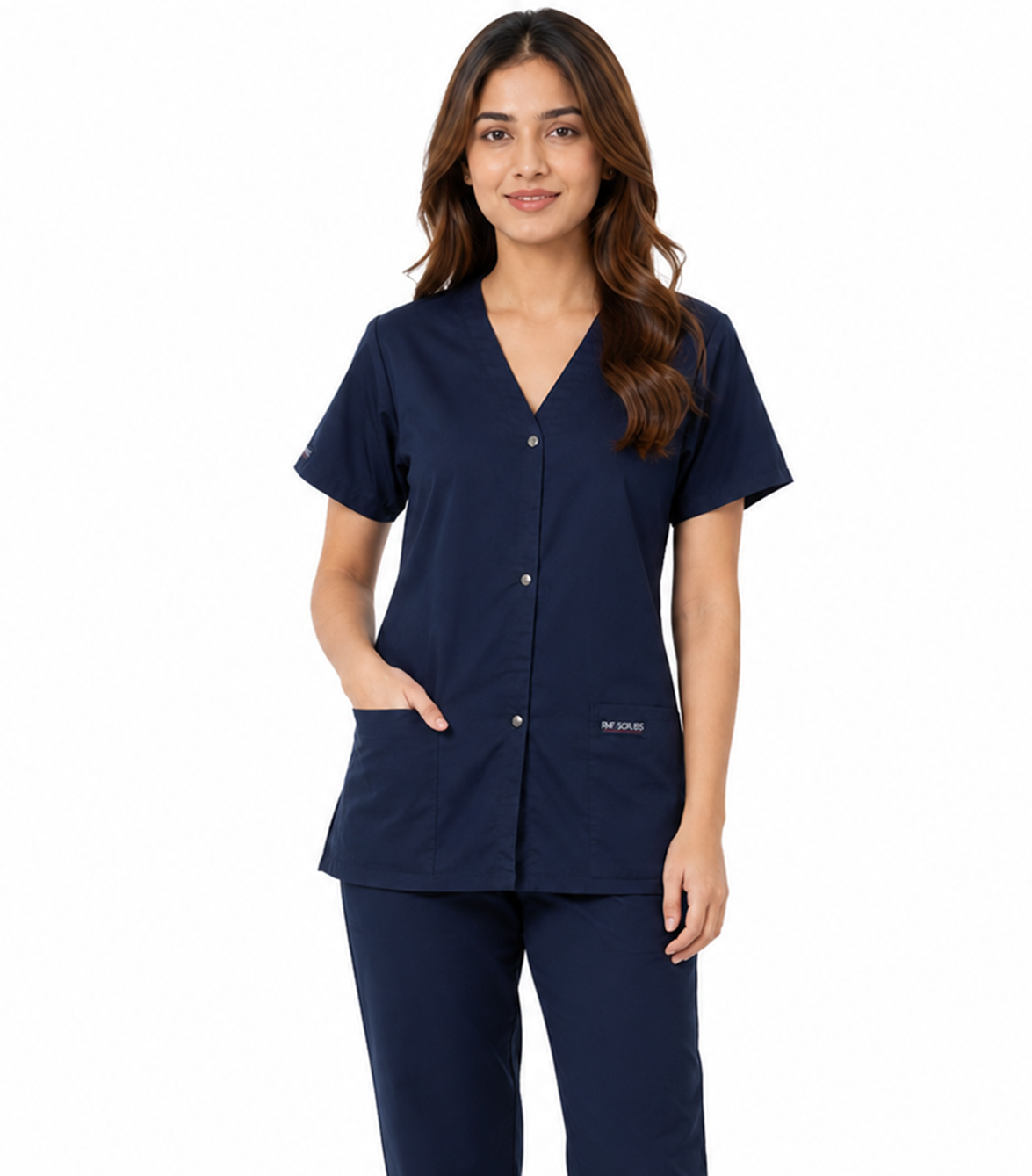Stretch Women's Scrub Set Front Open V-Neck with Snap Buttons - 4 Pockets, Half Sleeves (2-Pocket Top & 2-Pocket Boot Cut Pant)