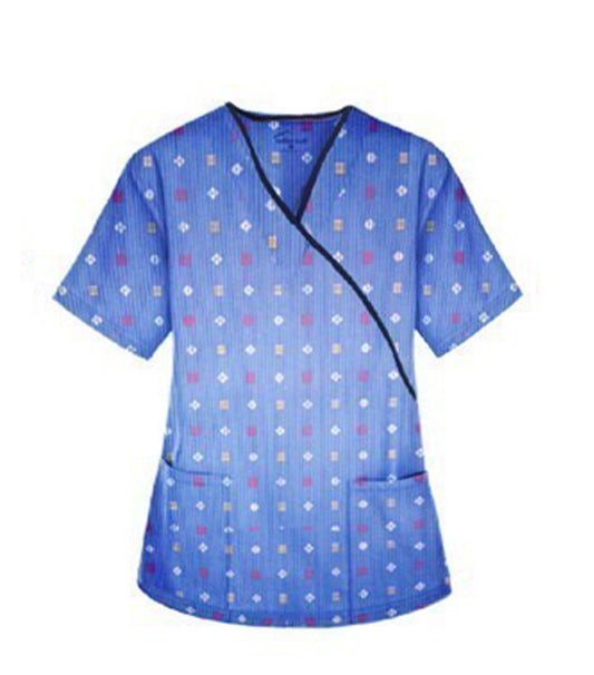 Poplin Women Shapes Print Scrub Top mock wrap 3 pocket half sleeve with black piping