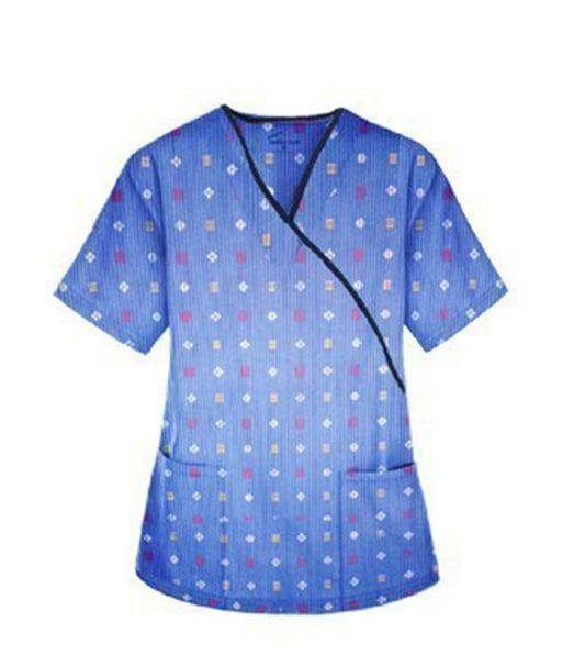Shapes Print Scrub Set Mock Wrap With Black Piping 5 Pocket Half Sleeves (Top 3 Pockets With Bottom 2 Pockets Boot cut)