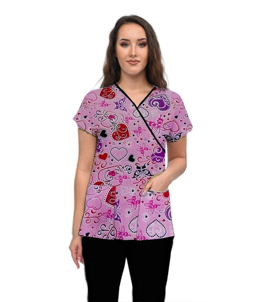 Hearts and Butterflies Print Scrub Set Mock Wrap With Black Piping 5 Pocket Half Sleeves (Top 3 Pockets With Bottom 2 Pockets Boot cut)