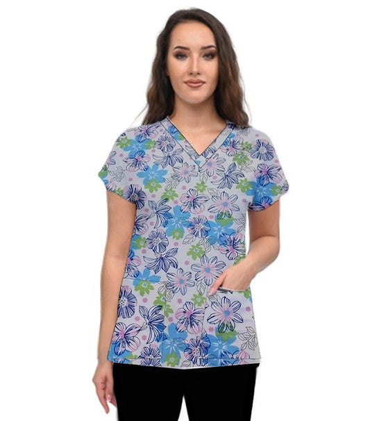 Blue and Green Flower Print Scrub Set 4 Pockets Ladies Half Sleeves (2 Pockets Top and 2 Pockets Pant)
