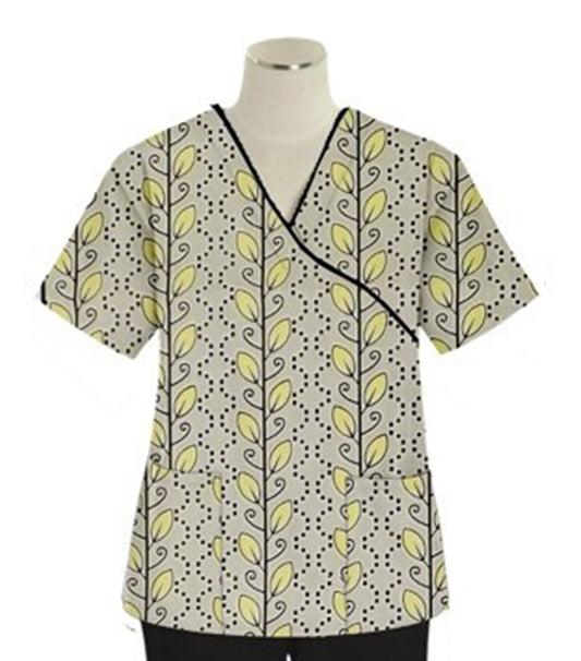 Poplin Women Yellow petal and Grey Print Scrub Top mock wrap 3 pocket half sleeve with black piping
