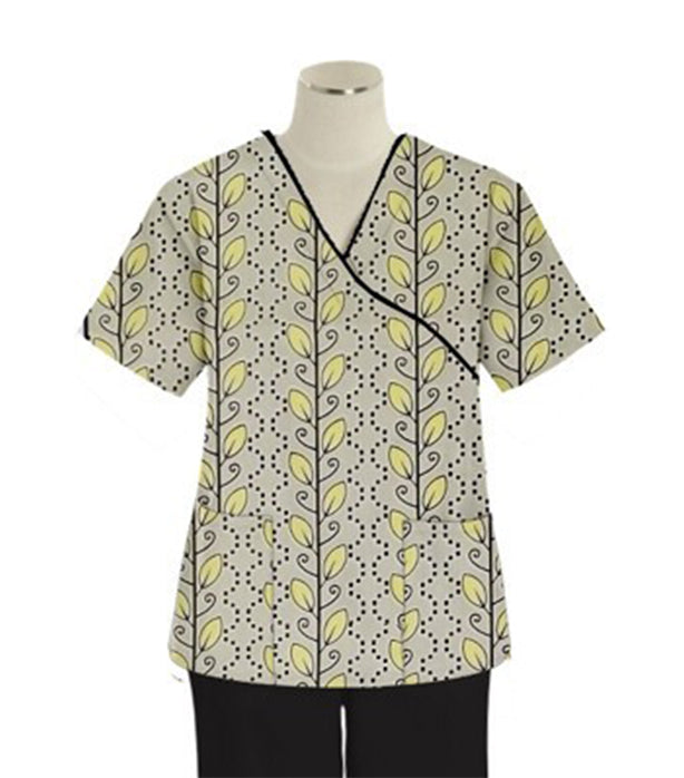 Yellow petal and Grey Print Scrub Set Mock Wrap With Black Piping 5 Pocket Half Sleeves (Top 3 Pockets With Bottom 2 Pockets Boot cut)