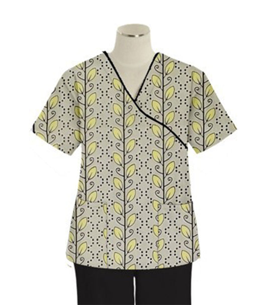 Yellow petal and Grey Print Scrub Set Mock Wrap With Black Piping 5 Pocket Half Sleeves (Top 3 Pockets With Bottom 2 Pockets Boot cut)