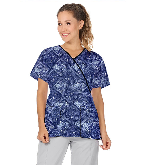 Poplin Women Blue with Blue Classical Print Scrub Top mock wrap 3 pocket half sleeve with black piping