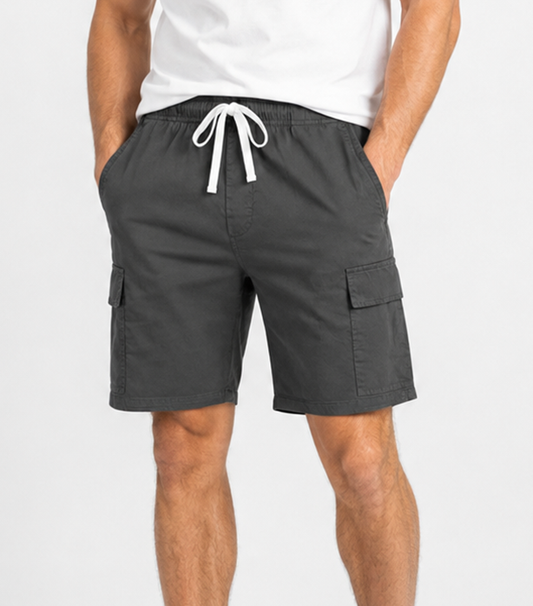 Microfiber Stretch fabric cargo shorts full elastic waistband 2 side pocket 2 cargo pocket with flap 1 back patch pocket elasticated twill drawstring (inseam is 5 inches)
