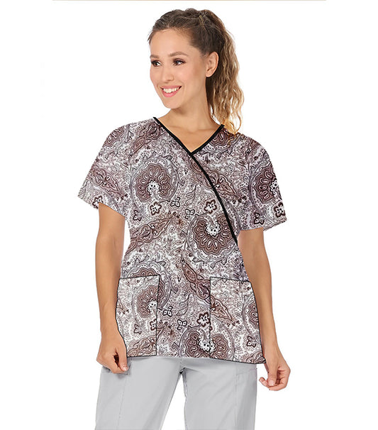 Poplin Women Brown Paisley Print Scrub Top mock wrap 3 pocket half sleeve with black piping