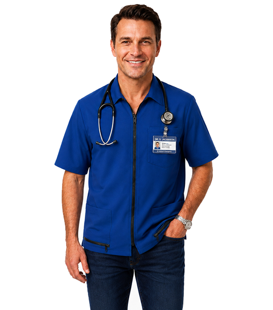 Stretch Unisex Scrub Jacket with Collar & Zipper, Half Sleeves, 1 Chest Pocket & 2 Lower Pockets with Zipper