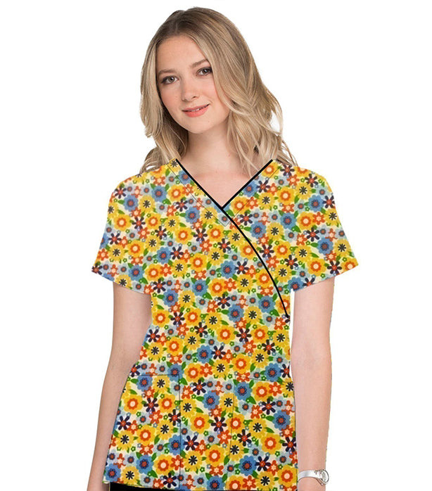 Poplin Women Blooming Flowers Print Scrub Top mock wrap 3 pocket half sleeve with black piping