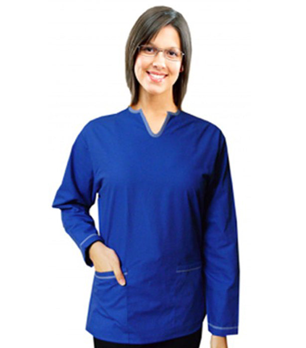Poplin Top 2 Pocket Ladies U Neck Full Sleeve Style Solid