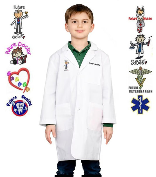 FREE DIGITAL PRINTED LOGO AND KIDS NAME LABCOAT with 3 pocket full sleeve in poplin fabric with Plastic Buttons