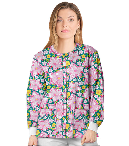 Poplin Unisex Scrub Jacket with Pink & Yellow Blossom Print- 2 Pockets, Full Sleeves with Rib