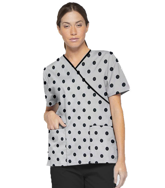 Polka Dots Print Scrub Set Mock Wrap With Black Piping 5 Pocket Half Sleeves (Top 3 Pockets With Bottom 2 Pockets Boot cut)