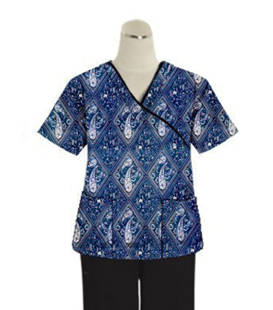 Blue with Pink Classical Print Scrub Set Mock Wrap With Black Piping 5 Pocket Half Sleeves (Top 3 Pockets With Bottom 2 Pockets Boot cut)