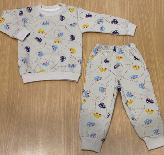 Cotton Children's Printed (Cars Print) Scrub Set With Round Neck Full Sleeves Ribbed Cuffs and Jogger Pants