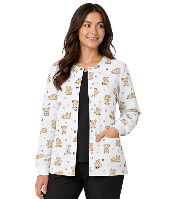Poplin Unisex Scrub Jacket with Teddy Bear Print - 2 Pockets, Full Sleeves with Rib