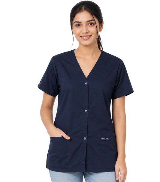 Stretch Scrub top 2 pocket solid front open v-neck with snap buttons half sleeve ladies