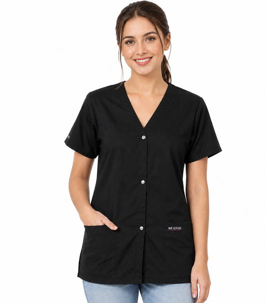 Poplin Women's Scrub top 2 pocket solid front open v-neck with snap buttons half sleeve