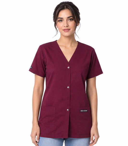 Microfiber Stretch Scrub top 2 pocket solid front open v-neck with snap buttons half sleeve ladies