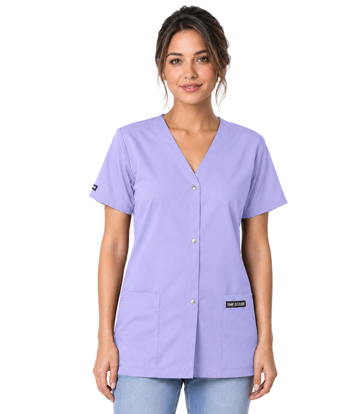 Microfiber Women's Scrub Top V Neck Front Open with Snap Buttons - 2 Pockets, Half Sleeves