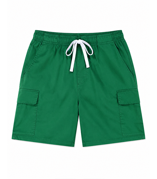 Poplin fabric cargo shorts full elastic waistband 2 side pocket 2 cargo pocket with flap 1 back patch pocket elasticated twill drawstring (white) (inseam is 5 inches)