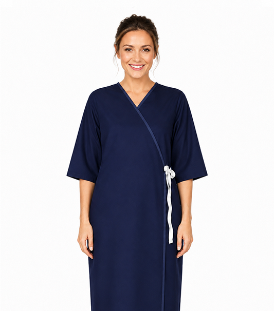 Microfiber patient gown front open 3/4 sleeve with matching piping tie-able OR Velcro
