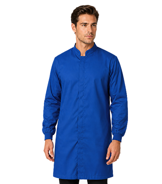Poplin Unisex Lab Coat Full Sleeve Lab Coat, no pocket, stand up collar with covered snap button and Knit Cuff