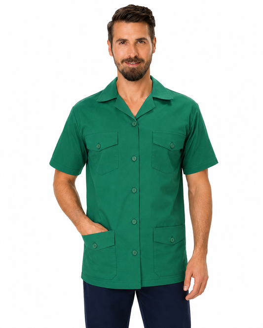 Stretchable Unisex Scrub Jacket 4 Pockets Flap Style Half Sleeves with Plastic Buttons Closure