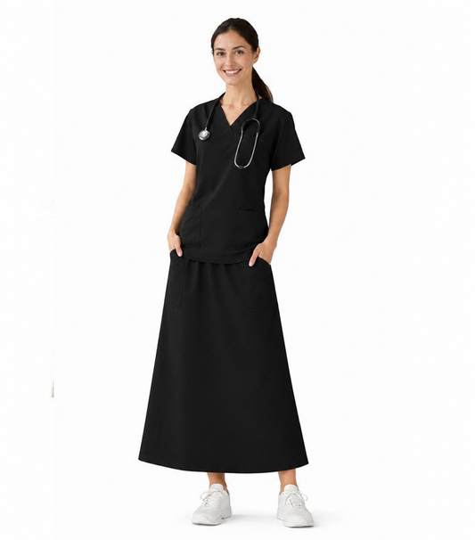 Stretch Women's A-Line Skirt Scrub Set - 4 Pockets, Half Sleeves ( 2-Pocket Top & A-Line Skirt with 2 Cargo Pockets Full Elastic Waistband with Drawstring)