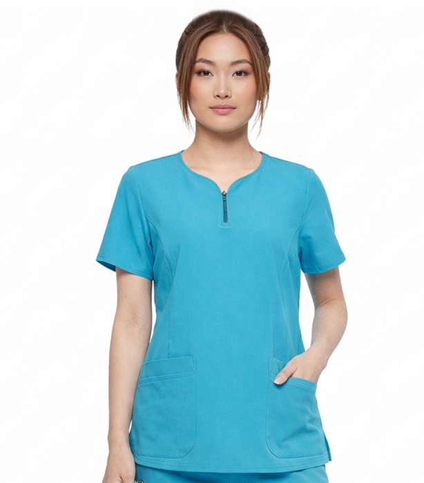 Poplin Women's Scrub Top 4-Pocket Curved Neck with Zip in Poplin Fabric  (65% Polyester, 35% Cotton)