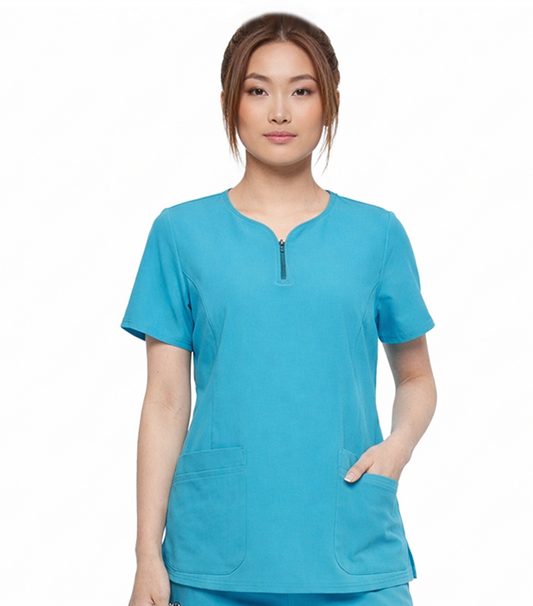 Poplin Women's Scrub Top 4-Pocket Curved Neck with Zip in Poplin Fabric  (65% Polyester, 35% Cotton)