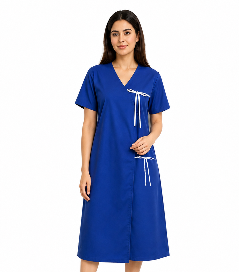 Poplin Patient Gown, Front Open, Half Sleeve, with Matching Piping and Tie Closures at the Sleeve and Waist
