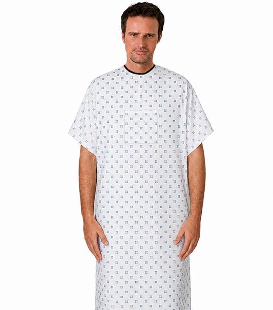 Printed Patient gown 1 chest pocket half sleeve back open with Black Piping, tie-able OR Velcro
