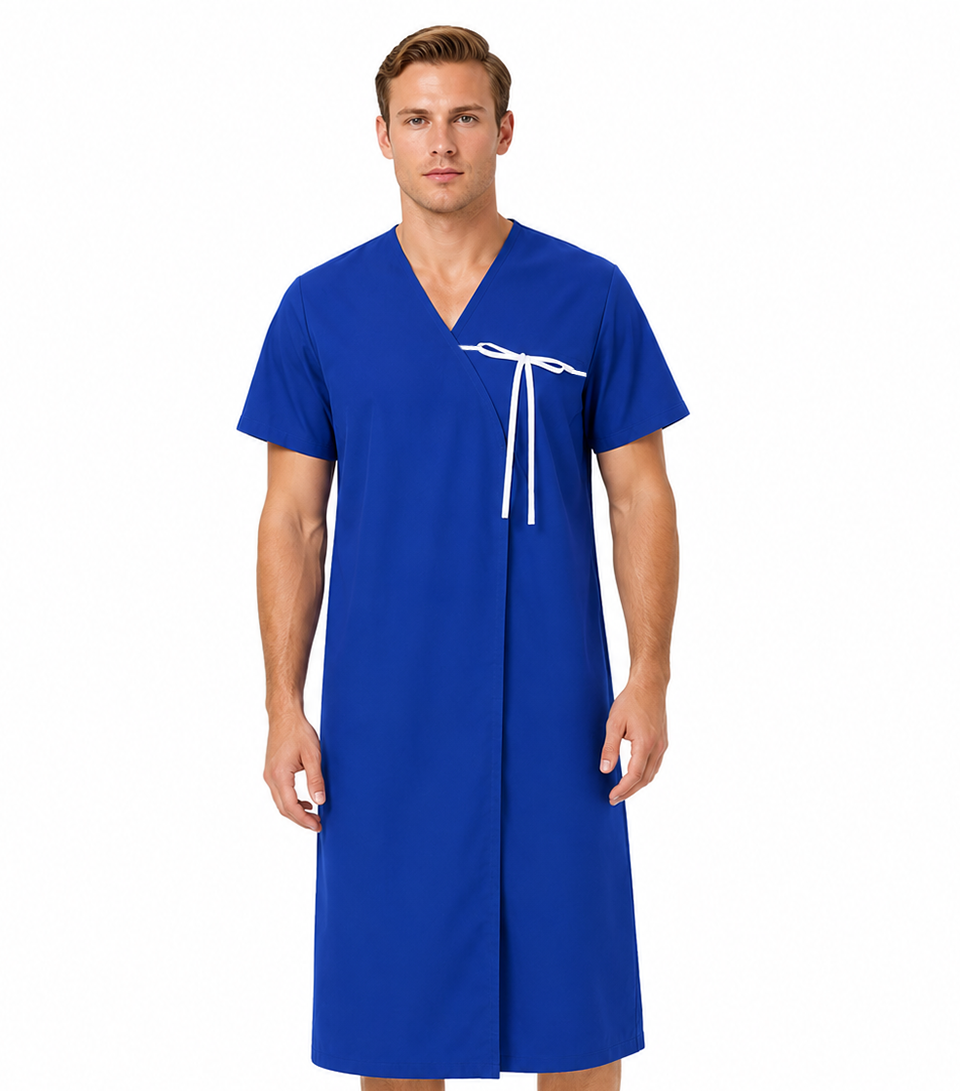 Patient Gown Front Open Half Sleeve with Matching Piping, Tie-able from Sleeves