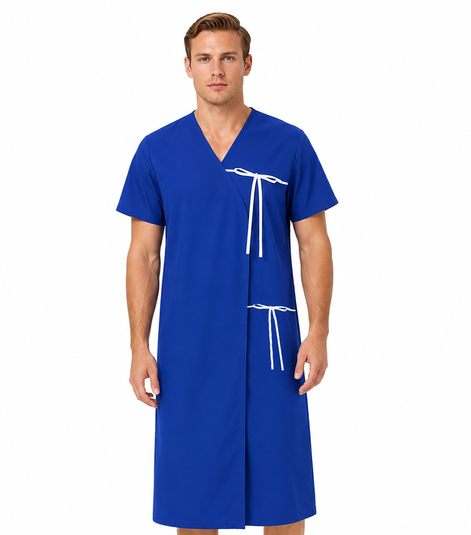 Poplin Patient Gown, Front Open, Half Sleeve, with Matching Piping and Tie Closures at the Sleeve and Waist