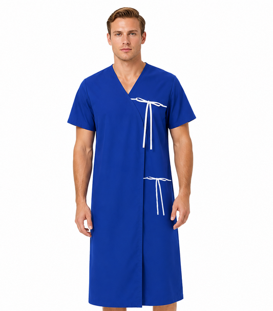 Poplin Patient Gown, Front Open, Half Sleeve, with Matching Piping and Tie Closures at the Sleeve and Waist