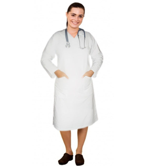 nursing white dress uniform Poplin Fabric Nursing dress full sleeve elastic waist v neck with 3 fr – rmfscrubs.com