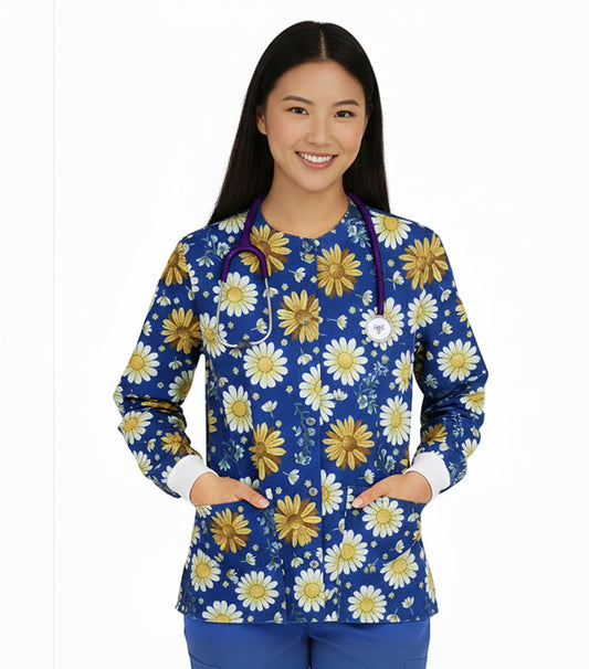 Poplin Unisex Scrub Jacket with SunFlower Print- 2 Pockets, Full Sleeves with Rib