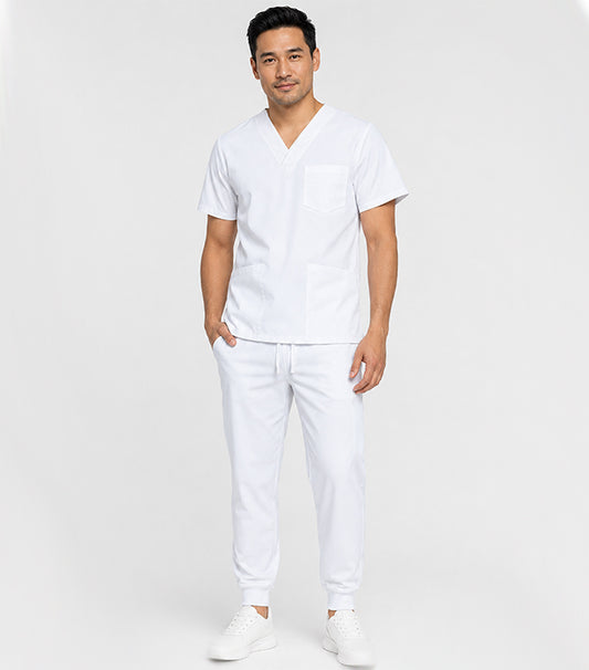 Unisex Jogger Scrub Set 6 Pockets Half Sleeves, Top 3 Pockets (1 Chest Pocket and 2 Lower Pockets) and Jogger Pant 3 Pockets (2 Side Pockets, 1 Back Pocket) with Full Elastic Waistband and Drawstring (Twill White)