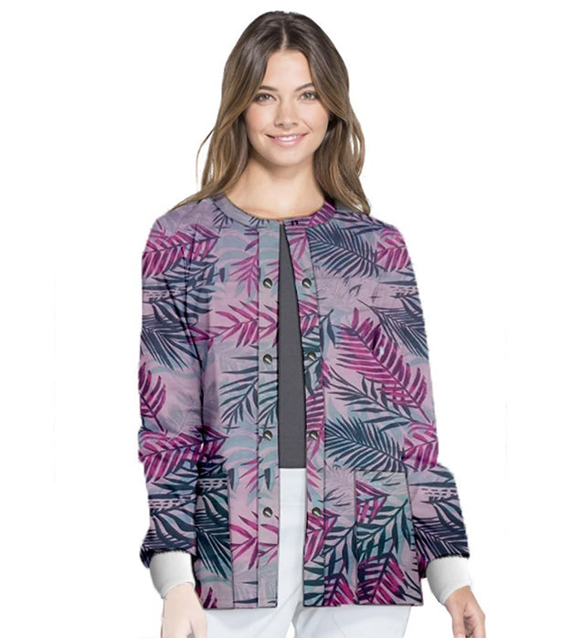 Poplin Unisex Scrub Jacket with Pink leaves Print- 2 Pockets, Full Sleeves with Rib