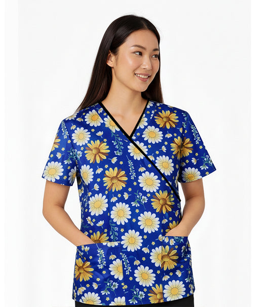Poplin Women SunFlower Print Scrub Top mock wrap 3 pocket half sleeve with black piping