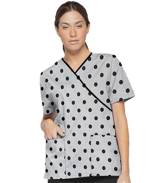 Poplin Women Polka Dots Print Scrub Top mock wrap 3 pocket half sleeve with black piping