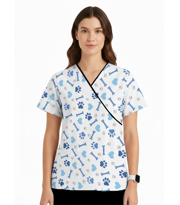Bone and Paw Print Scrub Set Mock Wrap With Black Piping 5 Pocket Half Sleeves (Top 3 Pockets With Bottom 2 Pockets Boot cut)