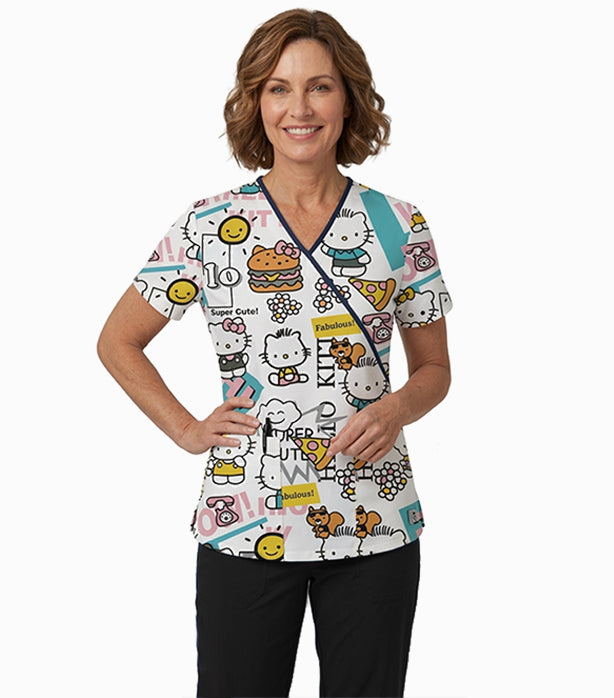 Interlock Stretch Hello Kitty Print Scrub Set Mock Wrap With Black Piping 5 Pocket Half Sleeves (Top 3 Pockets With Bottom 2 Pockets Boot cut)
