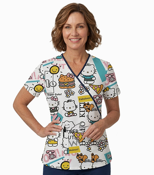 Interlock Stretch Print Scrub Top mock wrap 3 pocket half sleeve with black piping Interlock StretchPoplin Women Hello Kitty Print Scrub Top mock wrap 3 pocket half sleeve with black piping