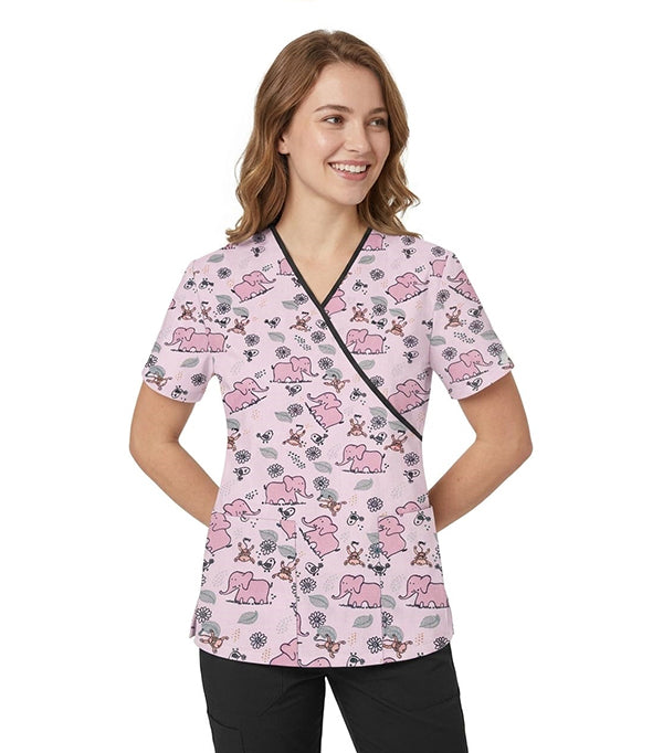 Interlock Stretch Elephant Print Scrub Set Mock Wrap With Black Piping 5 Pocket Half Sleeves (Top 3 Pockets With Bottom 2 Pockets Boot cut)