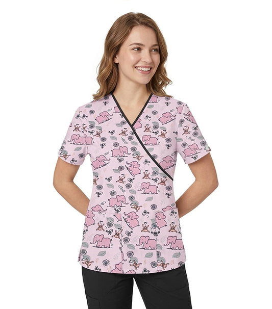 Interlock Stretch Elephant Print Scrub Set Mock Wrap With Black Piping 5 Pocket Half Sleeves (Top 3 Pockets With Bottom 2 Pockets Boot cut)